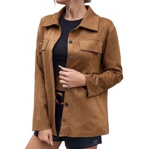 Vintage-Inspired Women's Button-Front Shirt Jacket in Rust Brown
